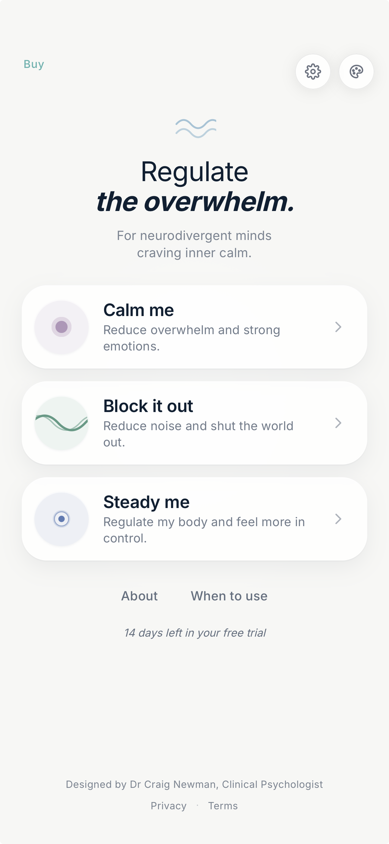 Regulate home screen: Calm me, Block it out, Steady me